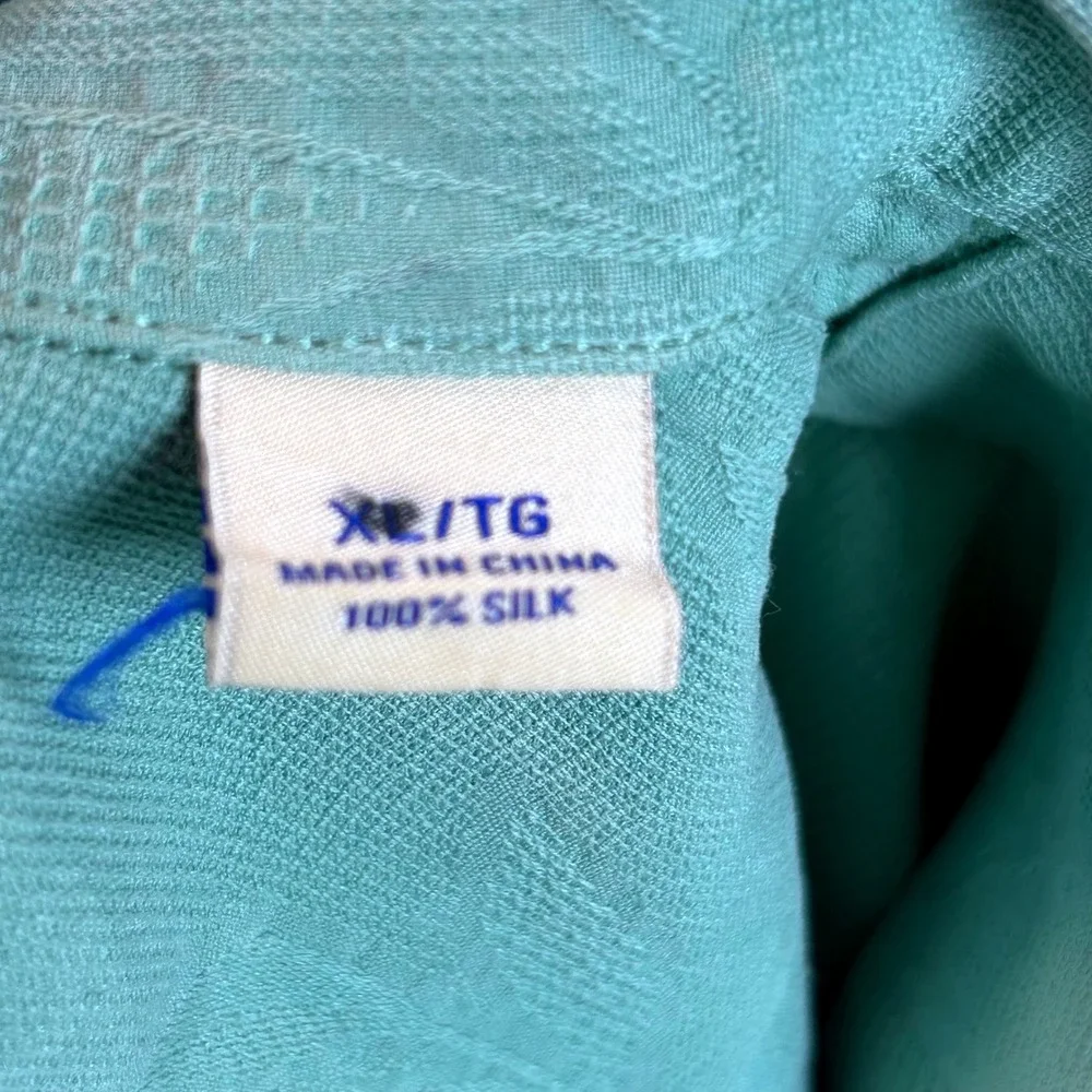 Tommy Bahama Mens XL‎ Silk Camp Shirt Aqua Blue Floral Jacquard Short Sleeve